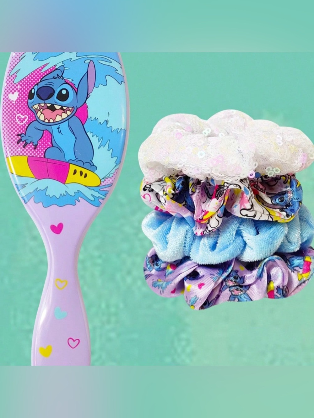 NWT Disney Lilo & Stitch Kids Hair brush and 4 Pack of Hair Scrunchies